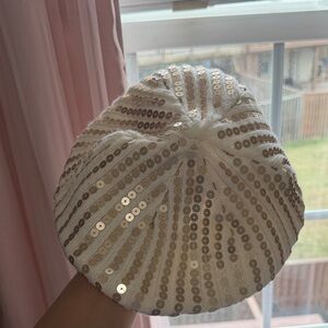 Calvin Klein Sequin-Embellished White and Gold Beret